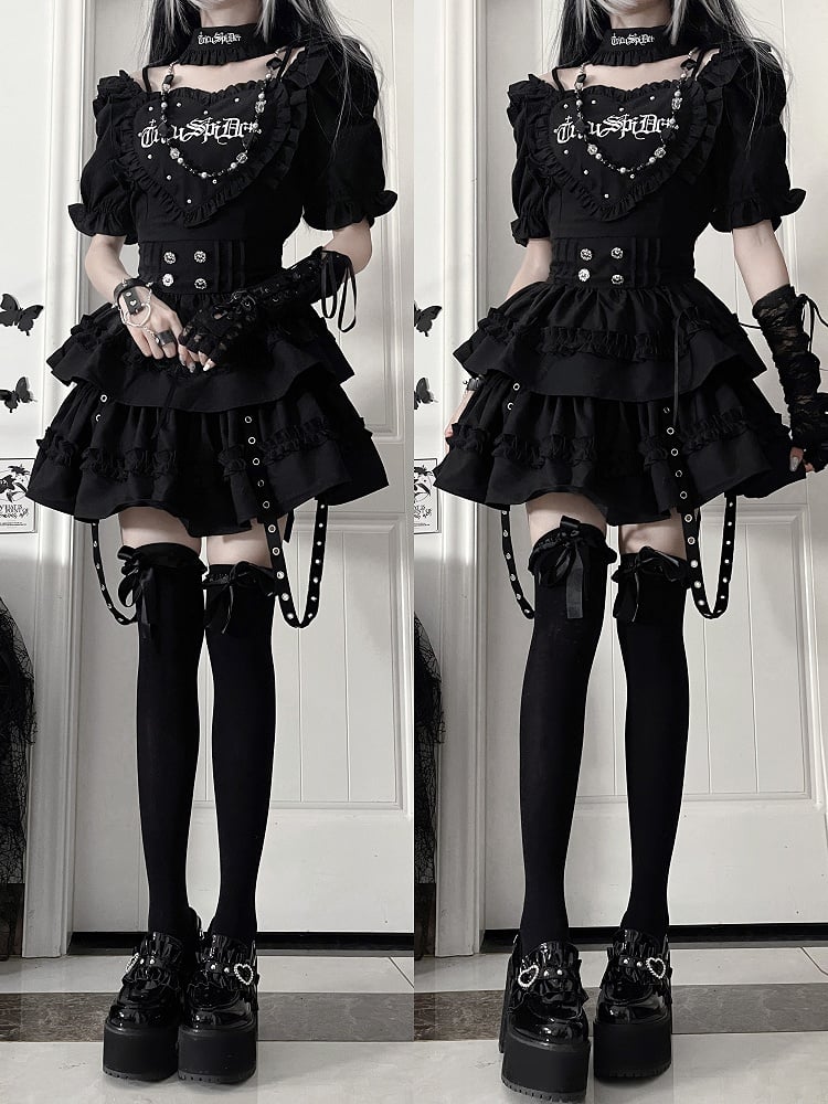 with Patch Dress Puff Skirt Tiered Sleeve Heart Black Short Gothic Ruffle