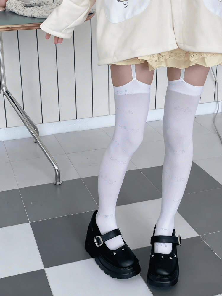 Cute Blue/Black Tights Suspender Kaomoji Print