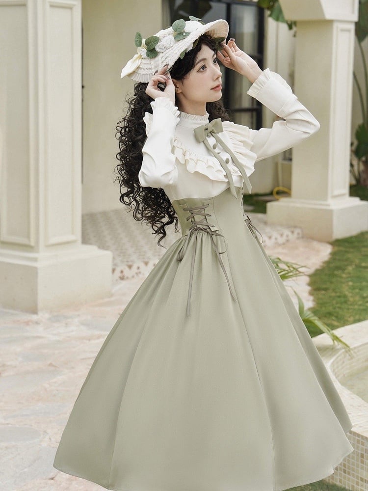 Light Green and Beige Ruffle Neckline Long-Sleeve Spring Classic Lolita Dress Layered-Look