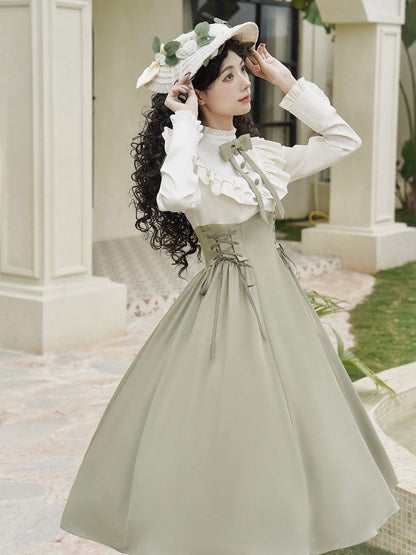 Light Green and Beige Ruffle Neckline Long Sleeves Spring Classic Lolita Dress Fake Two-pieces