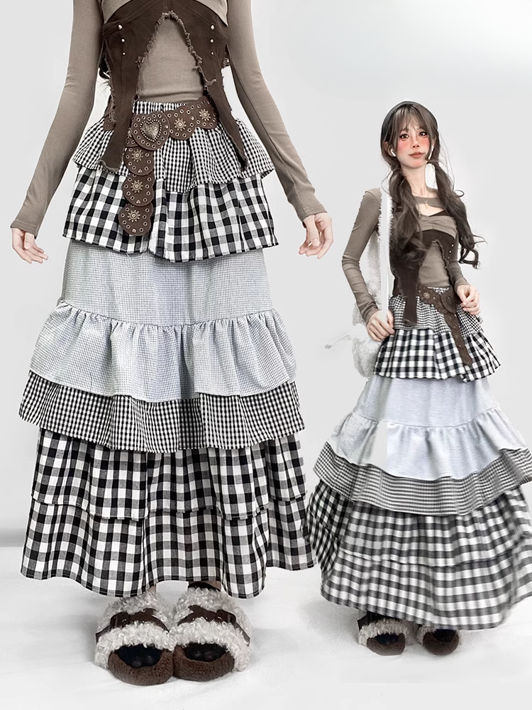 Y2K ブラック＆ホワイト チェック柄 アンクル丈 ティアードスカート