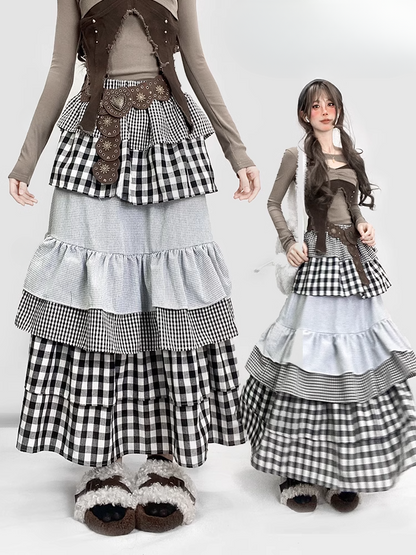 Y2K ブラック＆ホワイト チェック柄 アンクル丈 ティアードスカート