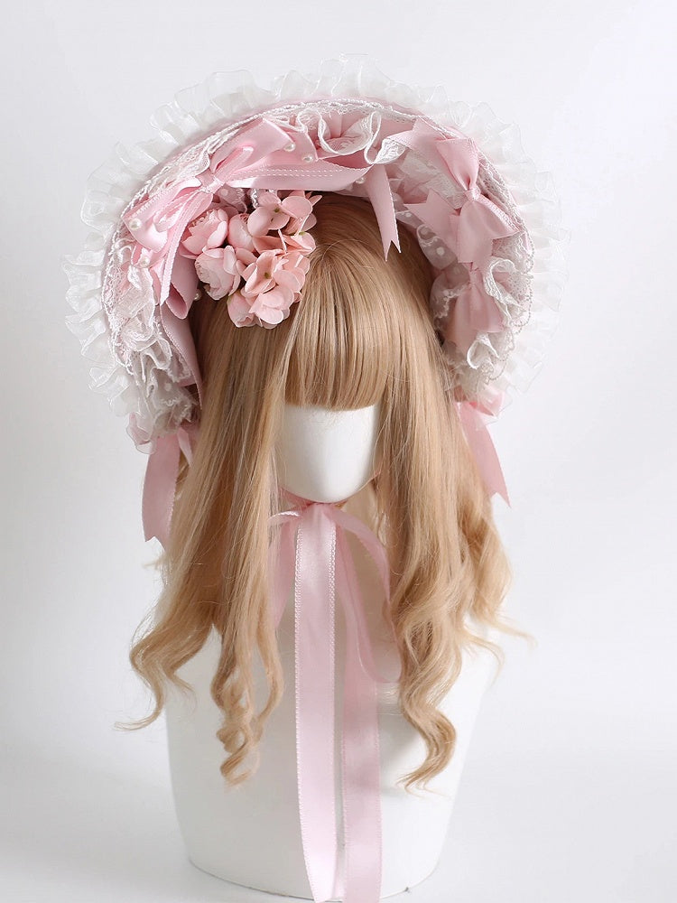 (Detachable Bonnet Accents Satin Bow Flower) with Pink White Pearl Lace