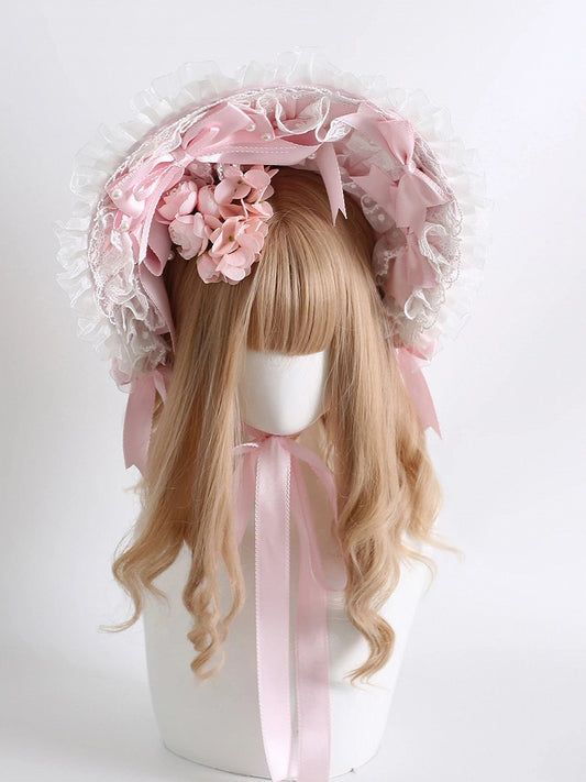 (Detachable Bonnet Accents Satin Bow Flower) with Pink White Pearl Lace