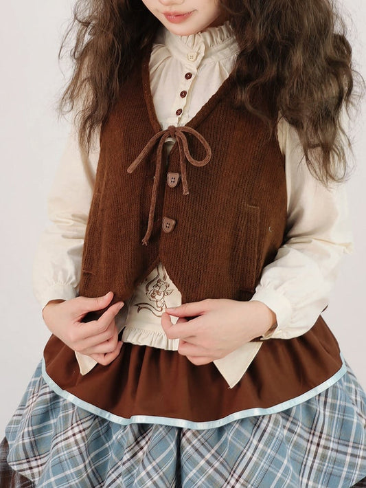 Bear-shaped Lolita Brown Waistcoat Sweet Knit Buttons with