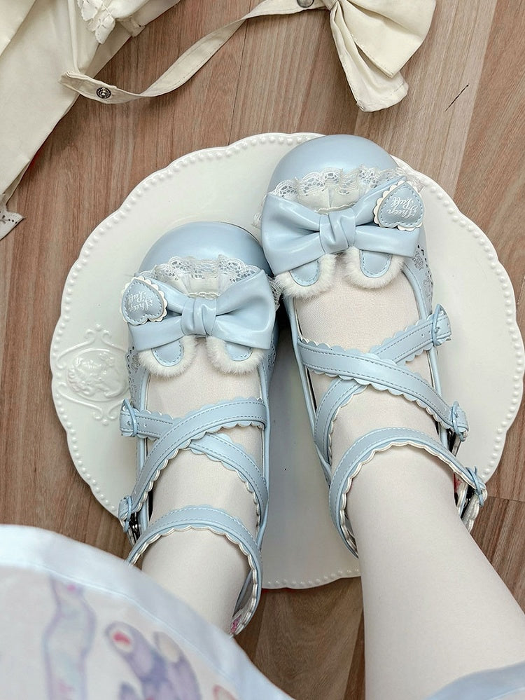 Plush Mary Bow Bear Hem Ear Blue PU Janes Decorative Low-heel Lolita in Scalloped Sweet