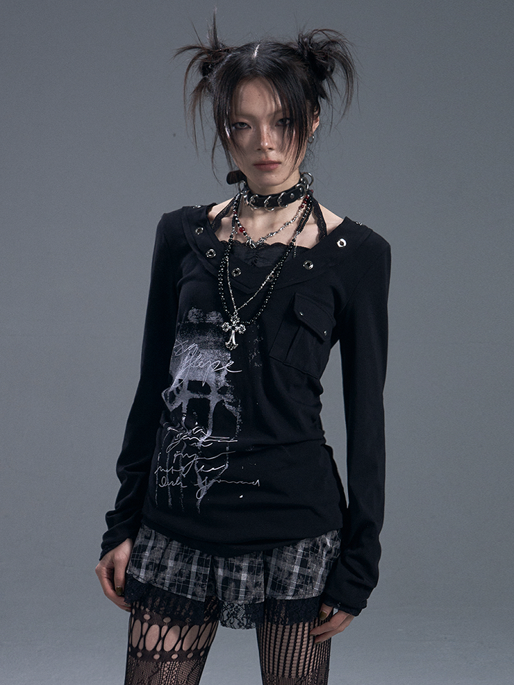 Graffiti with Halter V-Neck Knit Lace Buttons Mesh Punk Top Black