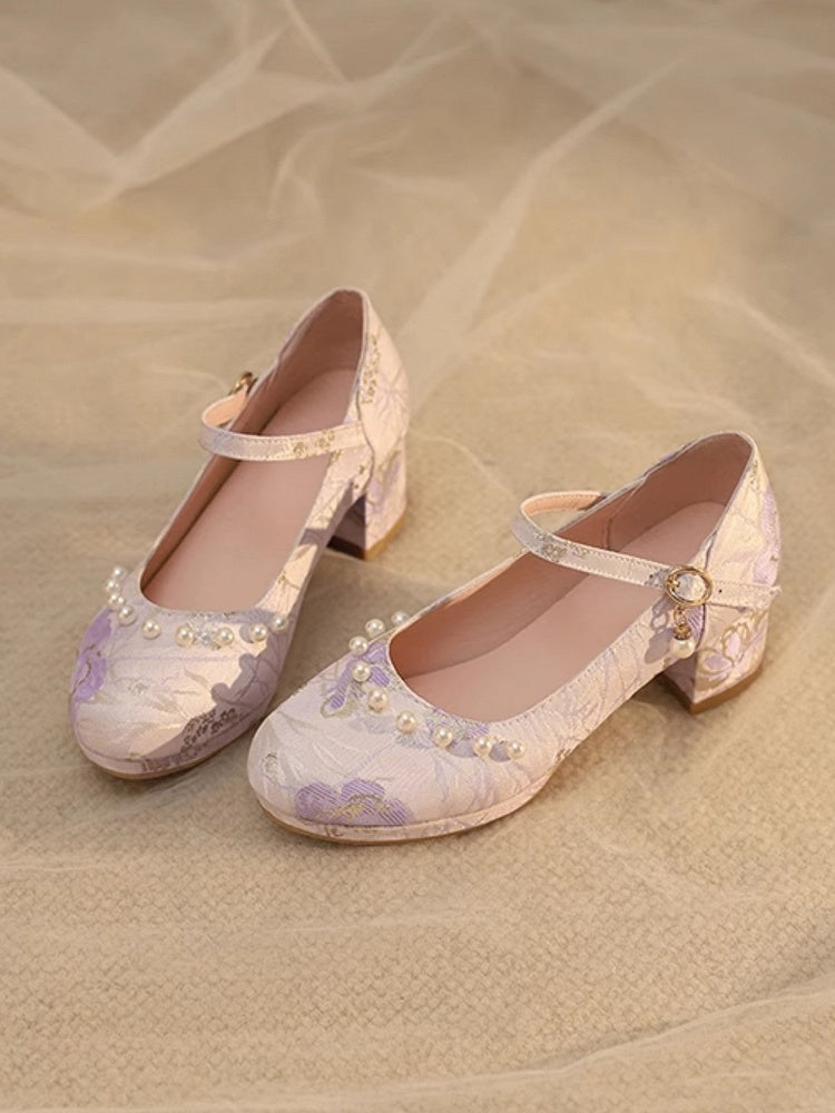 Lila Verzierungen Lolita Mid-heels Floral Qi Perlen mit