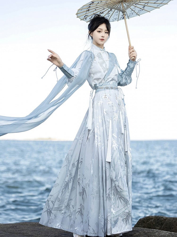 Hanfu Outfit Shirt & Mamian Skirt Set with Bamboo Dragon Print & Waist Chain - Han Ru Chu Hanfu &amp; Han-Element Studi