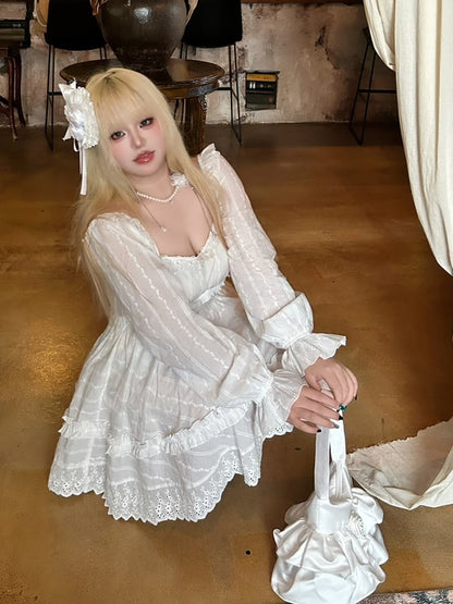 with Floral White Basque Waist Dress and Trim Lace Decoration Plus Neckline Size