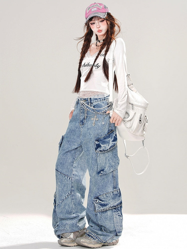 Wide-leg Pockets Cut Blue Cargo Design Jeans