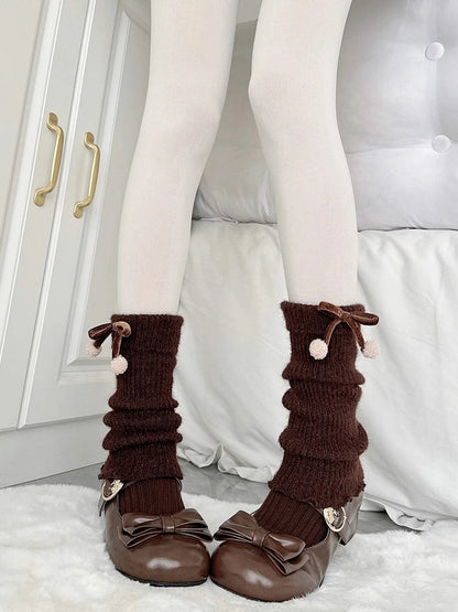 Warmers Accents Style) Coffee Ribbed with Sweet Velvet Bow Pom-Pom (Snuggly Leg Light