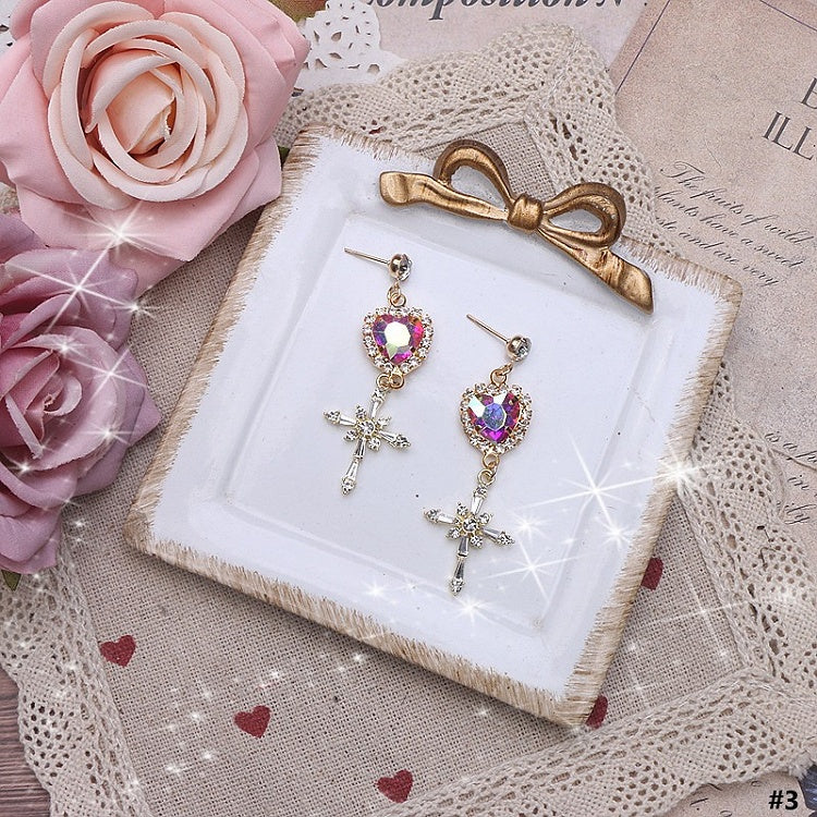 Earrings Jirai Options 4 Kei Heart Color Rhinestone Cross