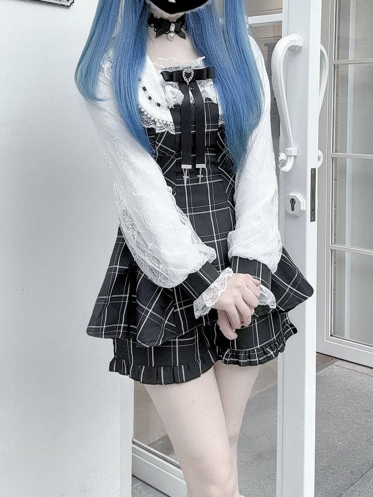 Kei Plaid Set: Matching Black Tie Jirai Shorts with Mini Dress Two-Piece Collar Beaded Waist / Side