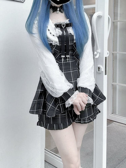 Kei Plaid Set: Matching Black Tie Jirai Shorts with Mini Dress Two-Piece Collar Beaded Waist / Side