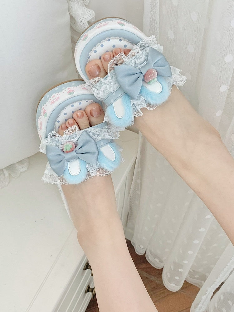 Plush Platform Trim Ear Blue Bunny Slippers Bow Accents Lolita Lace Sweet