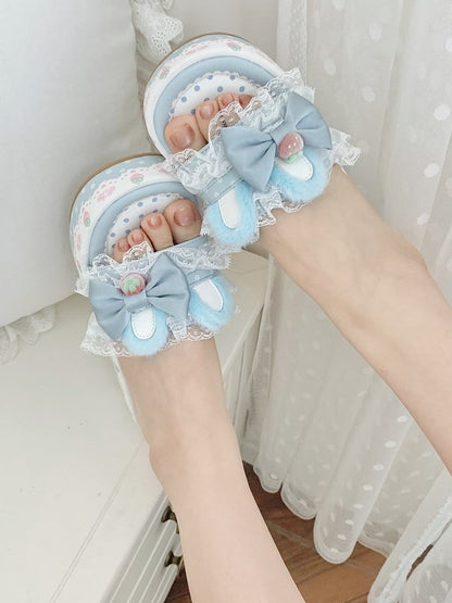 Lolita Trim Bunny Accents Blue Bow Lace Sweet Platform Plush Slippers Ear