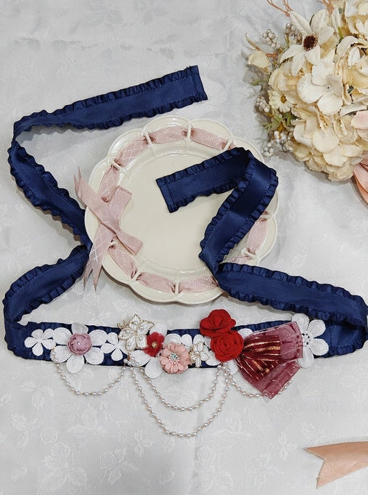 Sweet Embellished Bead Red/Green/Pink Lolita Choker Blue Chains Dark with Floral