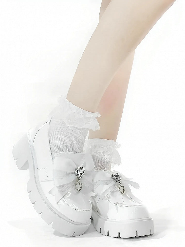 Loafers Kei Platform White 6cm in Bow Matte Chunky Heel Heart Decor Rhinestone Jirai