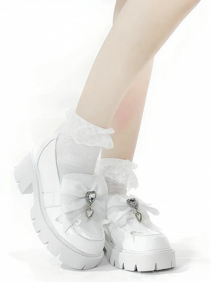 Loafers Kei Platform White 6cm in Bow Matte Chunky Heel Heart Decor Rhinestone Jirai