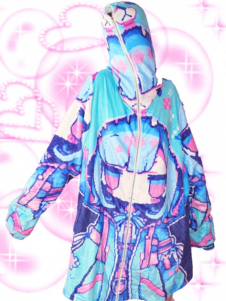 Bärendruck Blau Y2K Cartoon Jacke Blaubeere Kapuze