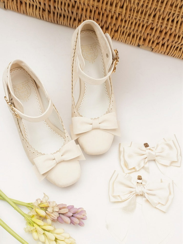 Embellishments Bow Shoes High Heel Delicate Block Classic Beige Lolita - Design