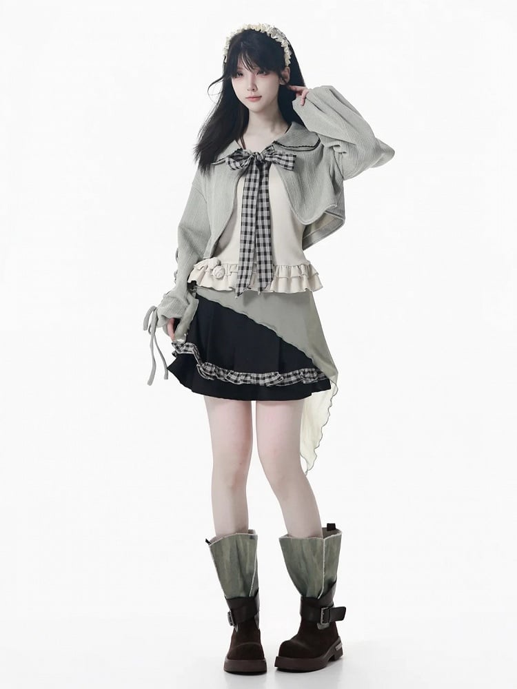 Lace-Up Dusty Set Pan Knit Gray Collar Kei and Cami with Sleeves Beige Peter Cropped Top Mori