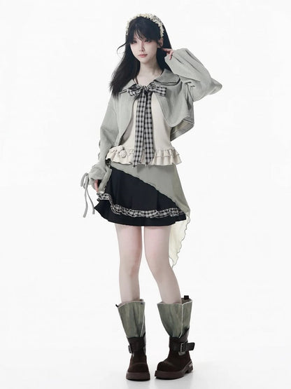 Lace-Up Dusty Set Pan Knit Gray Collar Kei and Cami with Sleeves Beige Peter Cropped Top Mori
