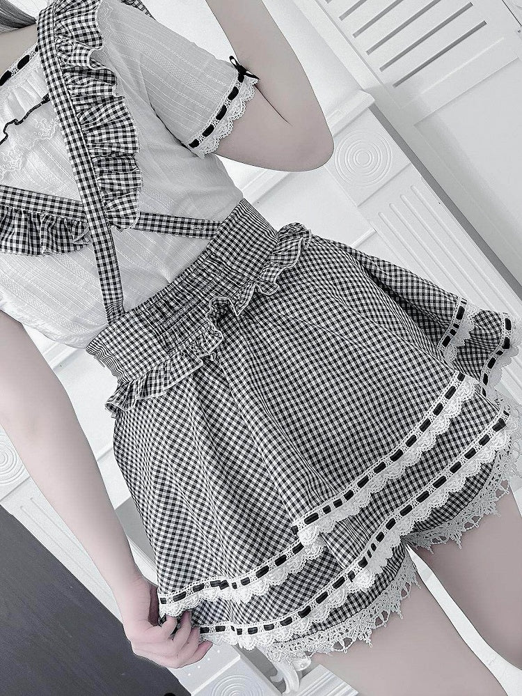 Black White Jirai Kei Square Neck Cotton Blouse with Bow Lace Details - Broken Bear