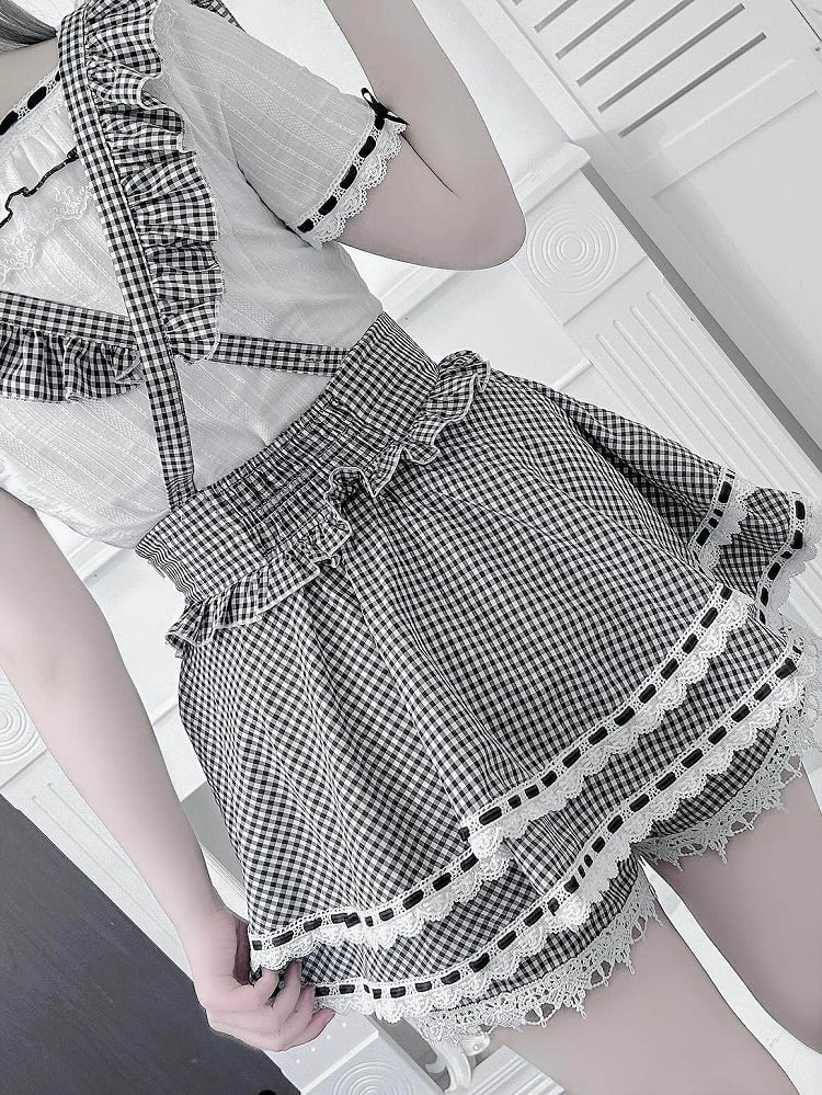 Black White Gingham Jirai Kei Overall Skort with Bow Lace Details - Broken Bear