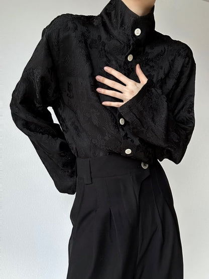 with Black Mandarin Floral Collar Shirt Embroidery Long-Sleeve Lolita Ouji