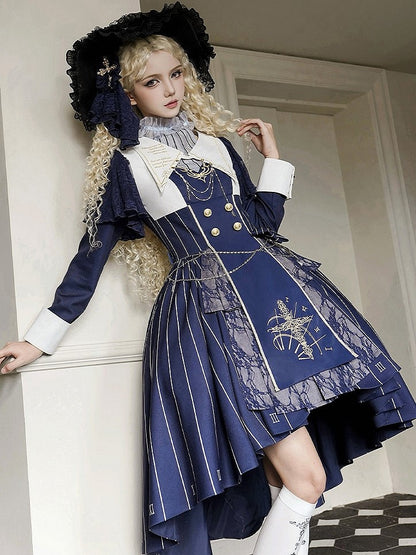 Embroidery+Waist Cross Lolita Watch Dress Full Collar Blue White Nun Chain+Pocket Chain+Detachable Striped Belt+Waist Set with Dark