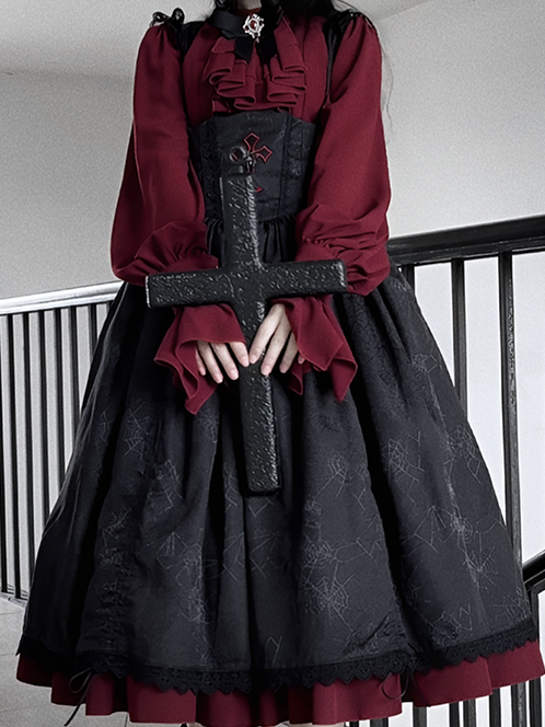 Drawstring Gothic with Dress Straps Shoulder Lace-Trimmed Waist Cross Black Embroidery Basque Lolita JSK and