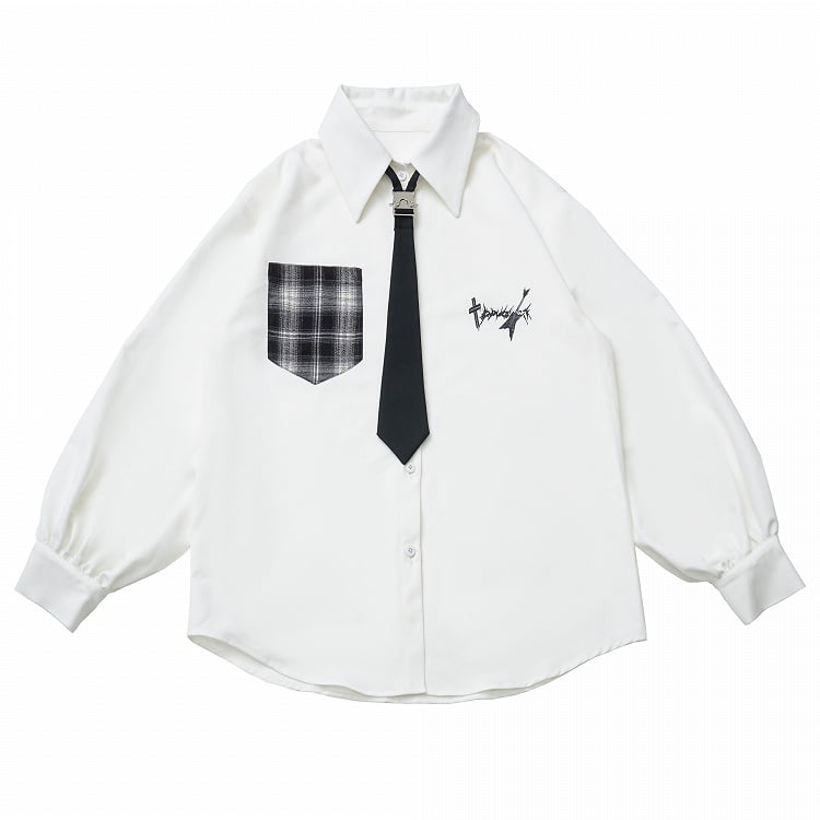 Pocket Shirt Patch White Plaid Buckle with Long Sleeve Tie Utility