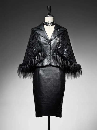 ブラックのシャープアングルノッチカラーオフィスレディふわふわヘムラインケープブレザー