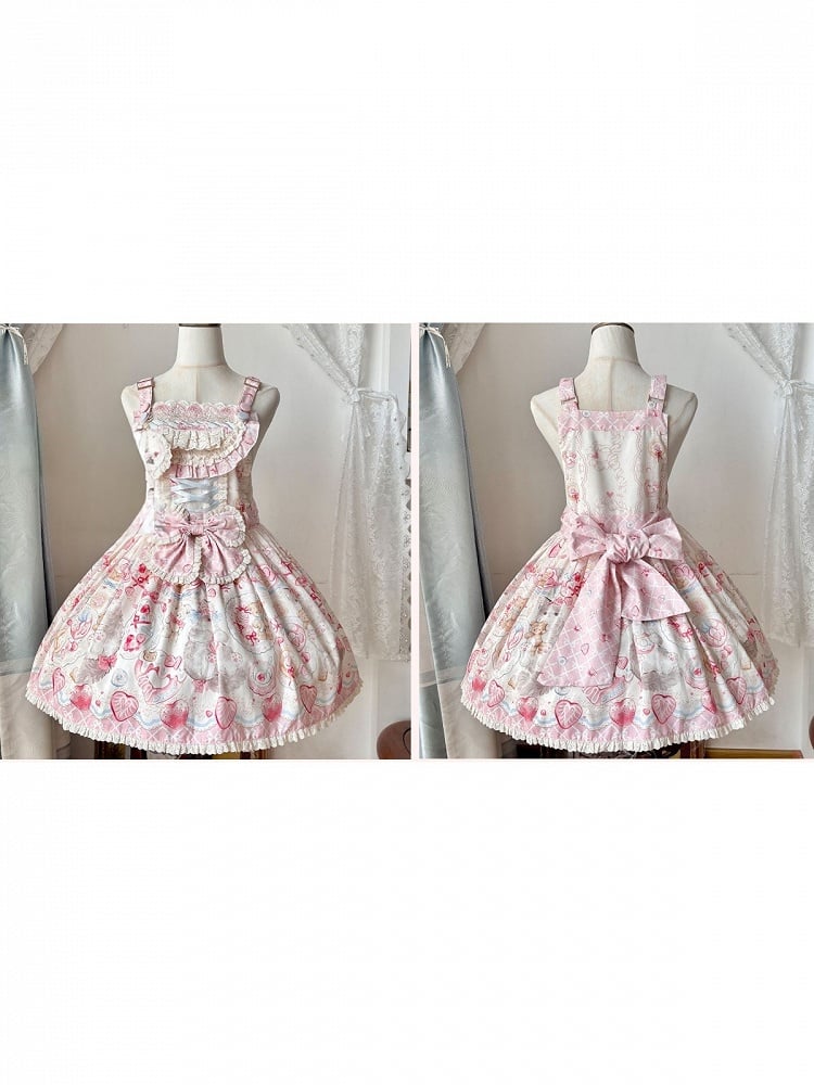 Strawberry and Cat Theme Sweet Pink Bow Lolita Overall Dress with Detachable Heart Brooch - wawao good night bear