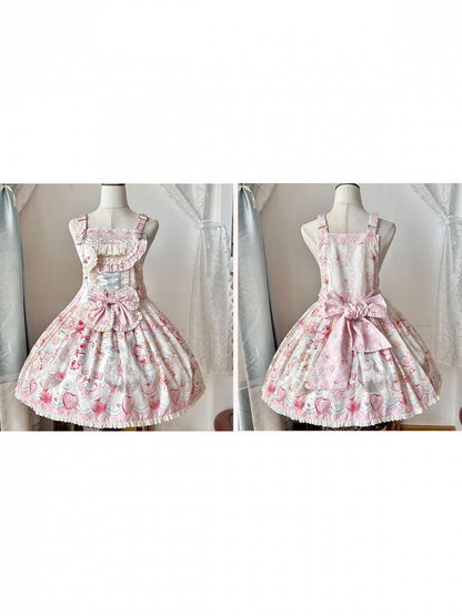 Strawberry and Cat Theme Sweet Pink Bow Lolita Overall Dress with Detachable Heart Brooch - wawao good night bear