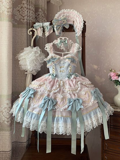Mintgrünes Schleifen-Rosa und Blaues süßes Lolita-Korsettkleid mit Choker