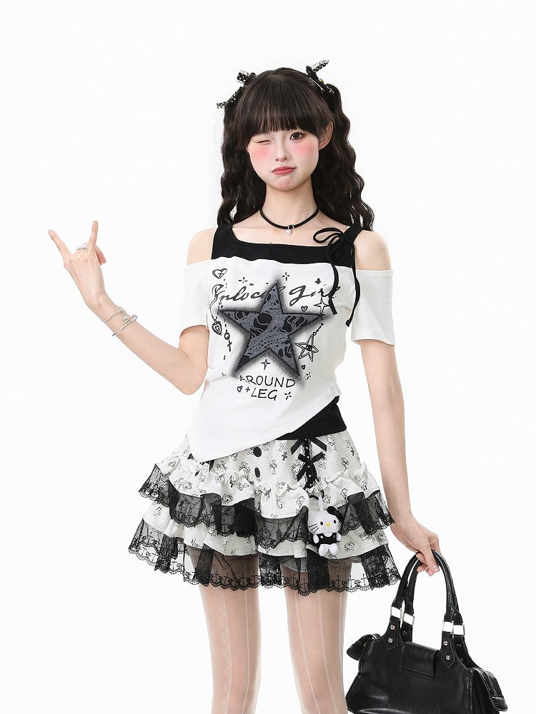 Two-Piece Top with Star Embroidery Black/White Faux Asymmetrical Off-Shoulder