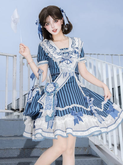 Sailor Bear Striped Dress with Bow and Embroidery - Twin Bear Original Design