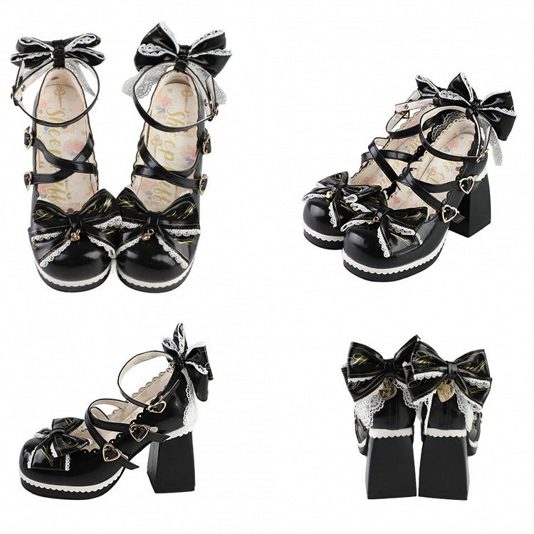 クリスクロスデザインヒール、ボウハイトップ、ブロックブラックハートバックル、取り外し可能