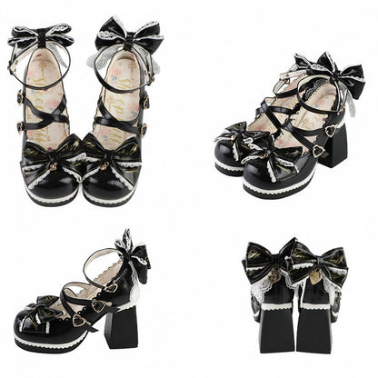 クリスクロスデザインヒール、ボウハイトップ、ブロックブラックハートバックル、取り外し可能