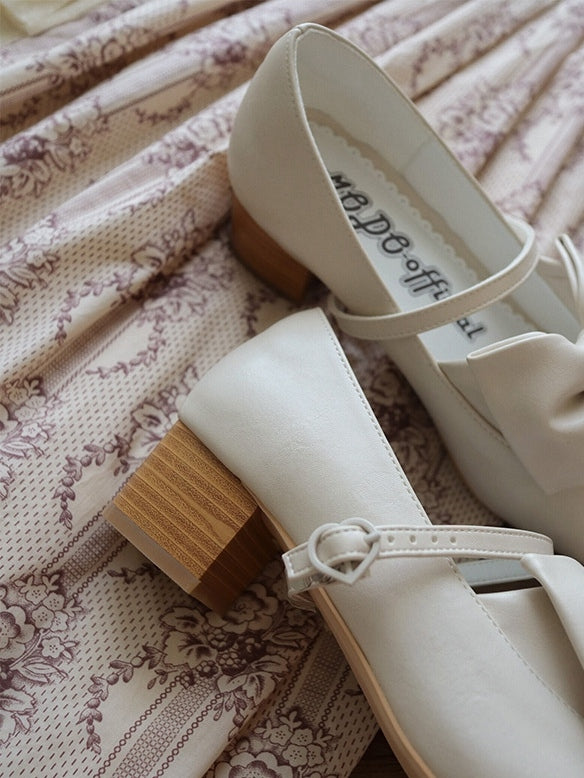 Heart with - Bow Off-white Decor Classic Clasp Mary Heel PU Romantic in Mid Janes