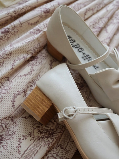 Heart with - Bow Off-white Decor Classic Clasp Mary Heel PU Romantic in Mid Janes
