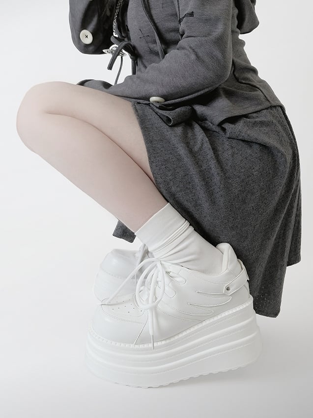 Lace-up Kei Platform White Closure Sneakers Jirai PU Design