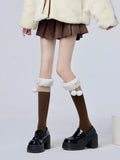Plush Decoration Pom-Pom Socks Cuff With KhakiBrown/GrayBlack Calf