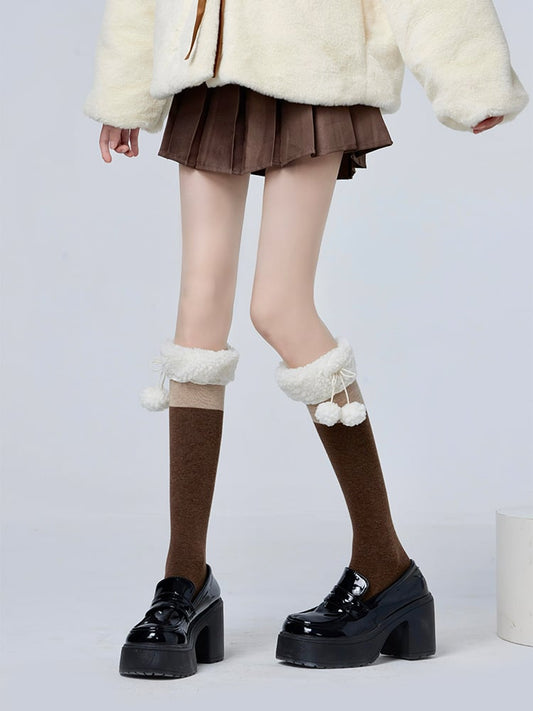 Pom-Pom With Plush Cuff Calf Decoration Socks KhakiBrown/GrayBlack