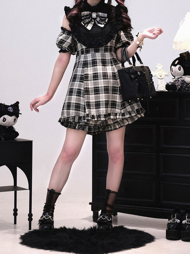 + 3-in-1 Set: Design Jirai Convertible Beige Kei Shorts Sleeve Black | Dress Plaid