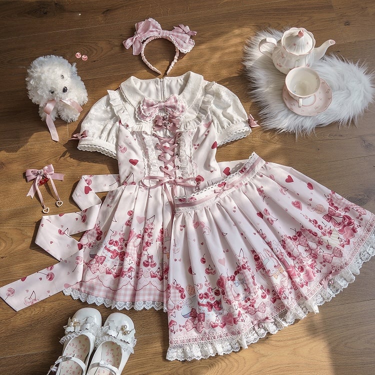 Pink Bunny and Cherry Print Short-Sleeve OP Dress with Matching Skirt - Doki Cherry