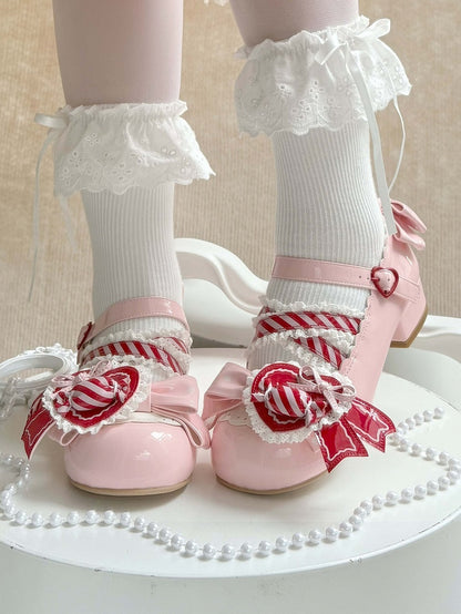 Janes Mary - and Heart Crisscross Clip Straps Shoe Red Deep Candy Ruffled Lace Pink Design Sweet Round-Toe with Details Bow